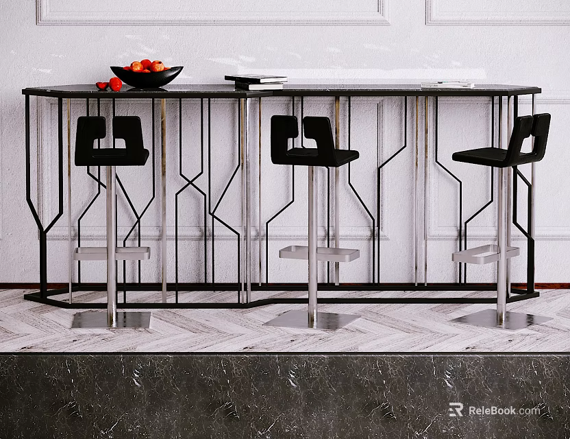Modern Bar Counter With Black Stools Geometric Frame And Patterned Floor 3d model