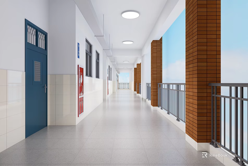 Bright School Corridor With Blue Door White Tiled Walls Brown Pillars And Metal Railings 3d model 