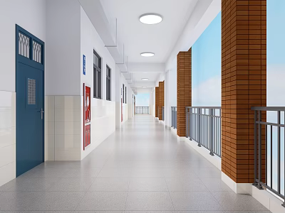Bright School Corridor With Blue Door White Tiled Walls Brown Pillars And Metal Railings 3d model