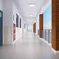 Bright School Corridor With Blue Door White Tiled Walls Brown Pillars And Metal Railings