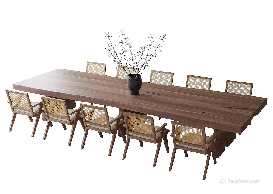 Long Wooden Dining Table with Eight Rattan Back Chairs and Black Decorative Vase 3d model 