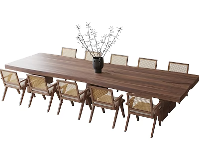 Long Wooden Dining Table with Eight Rattan Back Chairs and Black Decorative Vase 3d model