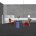 Modern Table And Chair Set With Blue Column Base And Colorful Upholstered Chairs
