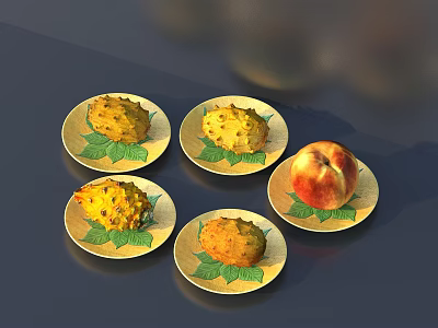 Ceramic Plates Decorated With Yellow Spiky Fruits Green Leaves And A Peach On Dark Surface 3d model