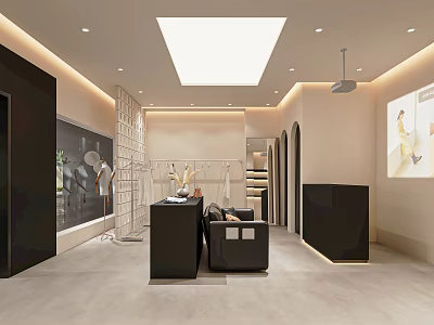 Modern Clothing Store Interior With Display Racks Reception Desk And Soft Lighting Design 3d model