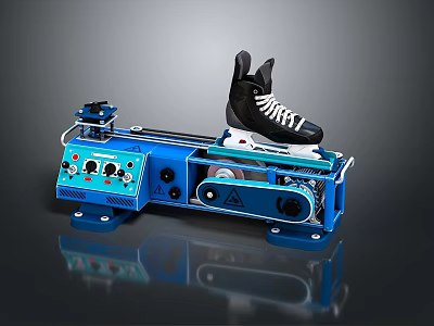 Black Ice Skate On Blue Sharpening Machine With Control Panel And Rollers 3d model