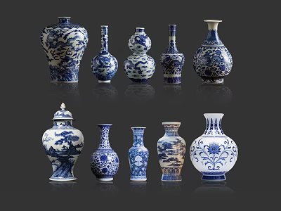 Blue and White Chinese Ceramic Vessels With Traditional Patterns And Various Shapes 3d model