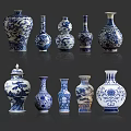 Blue and White Chinese Ceramic Vessels With Traditional Patterns And Various Shapes