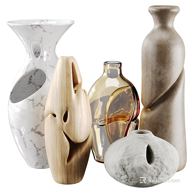 Various Unique Ceramic Vessels With Marble Texture Hollow Twisted And Artistic Designs 3d model 