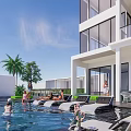 Modern White Detached Villa With Large Glass Windows Balconies And Palm Trees Outdoor Leisure Area