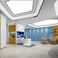 Modern Hotel Lobby Interior With Reception Desk Blue Walls And Comfortable Yellow Sofas