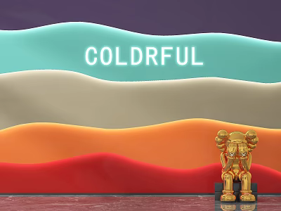 Wavy Background Wall With Purple Teal Beige Orange Red And Golden Sculpture Displaying COLDFUL Text 3d model
