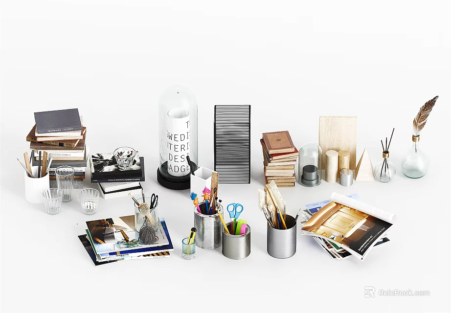 Desk Stationery Collection With Books Pens Pencil Holders And Accessories 3d model 
