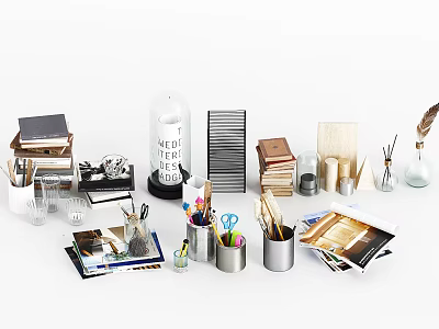 Desk Stationery Collection With Books Pens Pencil Holders And Accessories 3d model