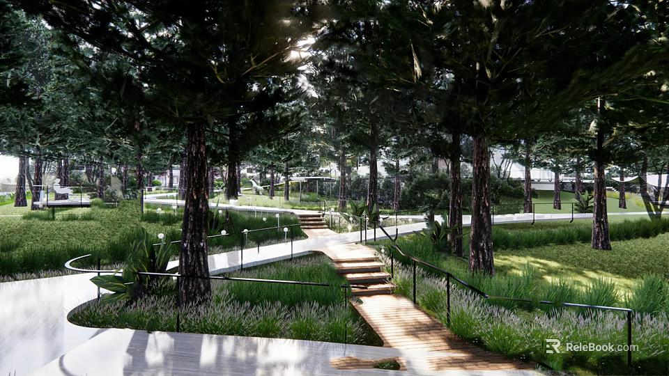 Residential Landscape Featuring Tall Trees Green Lawns Wooden Walkway Steps Railings And Sunlight Through Leaves 3d model 