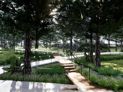 Residential Landscape Featuring Tall Trees Green Lawns Wooden Walkway Steps Railings And Sunlight Through Leaves 3d model