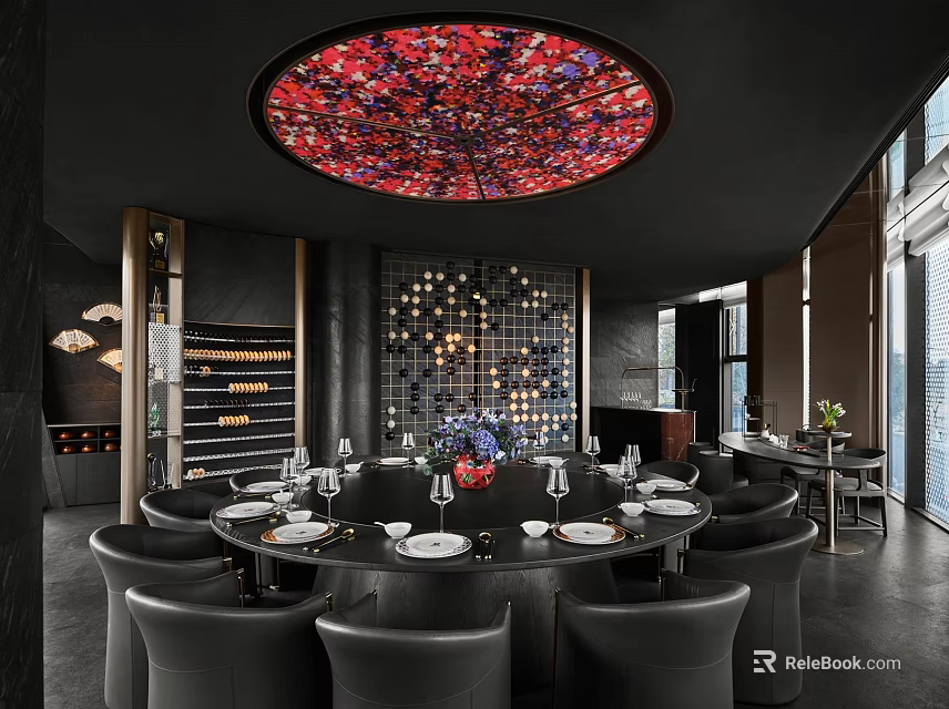 Private Dining Room With Round Table And Colorful Ceiling Light 3d model 