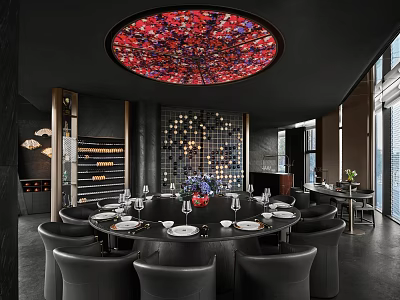 Private Dining Room With Round Table And Colorful Ceiling Light 3d model