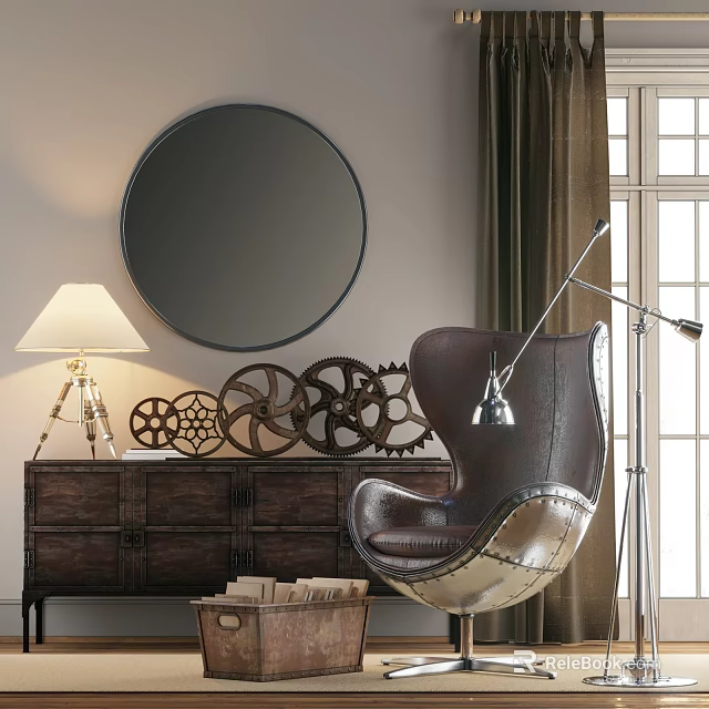 Industrial Style Leather Leisure Chair With Floor Lamp And Gear Decorations In Living Room 3d model 