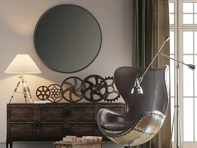 Industrial Style Leather Leisure Chair With Floor Lamp And Gear Decorations In Living Room 3d model