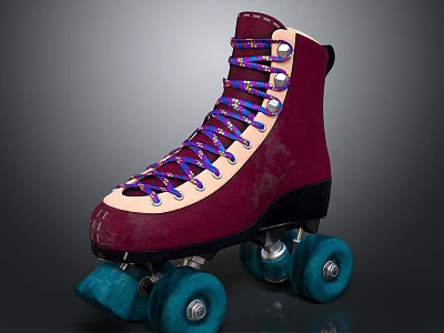 Vintage Burgundy Suede Roller Skates With Purple Blue Laces And Teal Wheels 3d model