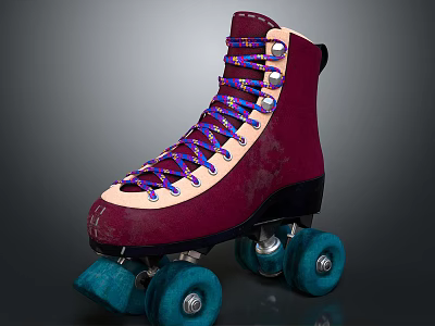 Vintage Burgundy Suede Roller Skates With Purple Blue Laces And Teal Wheels 3d model