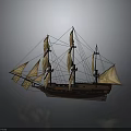 Wooden Sailing Ship Model With Multiple Masts And Canvas Sails On Gray Background With Reflections 3d model