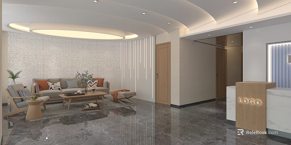 Modern Hotel Lobby Interior With Sofa Coffee Table And Marble Flooring 3d model