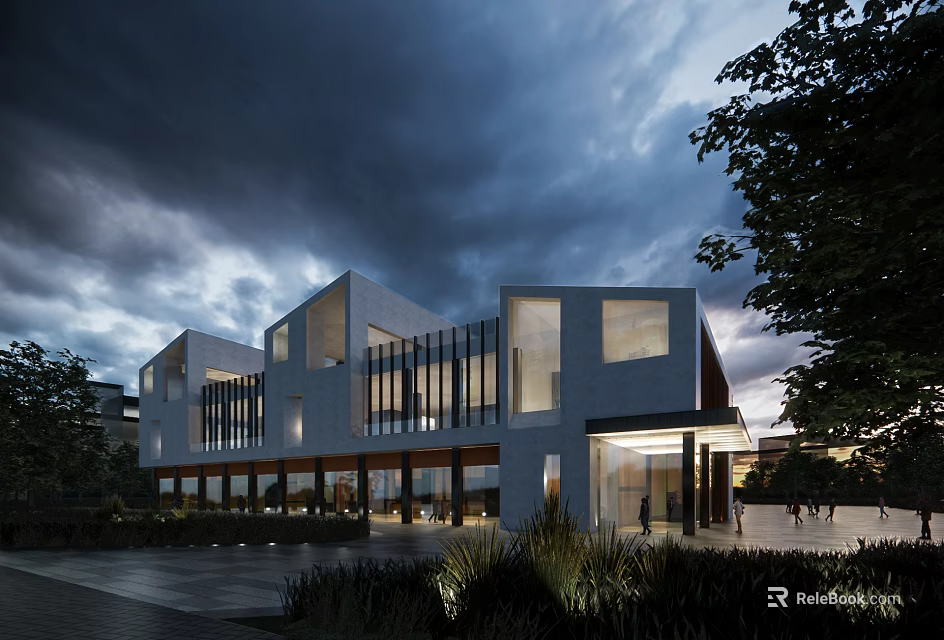 Contemporary Architecture Exterior With Large Glass Windows Illuminated At Dusk Surrounded By Trees And Landscaping 3d model 