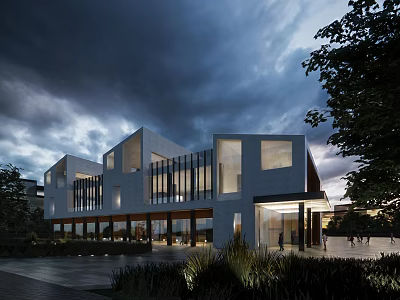 Contemporary Architecture Exterior With Large Glass Windows Illuminated At Dusk Surrounded By Trees And Landscaping 3d model