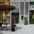 Vibrant Commercial Street with Traditional Chinese Signs Storefronts Awnings Outdoor Seating and Green Plants