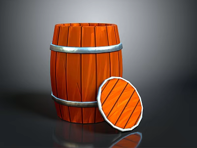 Wooden Barrel With Staves Metal Hoops And Detached Lid Isolated On Dark Background 3d model