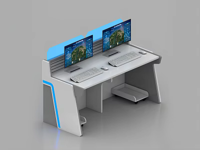 Modern Office Desk With Dual Monitors Earth Screens Keyboard Mouse And Blue Accents 3d model
