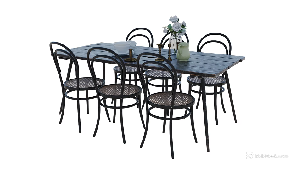 Rustic Wooden Dining Table Set with Black Rattan Chairs and White Flower Vase 3d model 