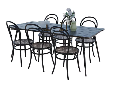 Rustic Wooden Dining Table Set with Black Rattan Chairs and White Flower Vase 3d model