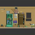 Small Grocery Store 3D Model Scene With Green Door Orange Walls And Parking Sign
