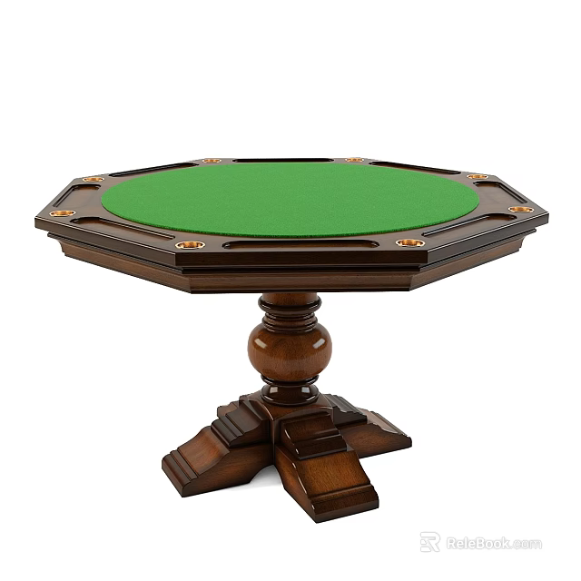 Octagonal Entertainment Table With Green Felt Top And Wooden Carved Pedestal Base 3d model 