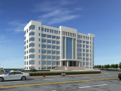 Modern White Office Building With Large Glass Windows Front Steps And Landscaped Surroundings 3d model