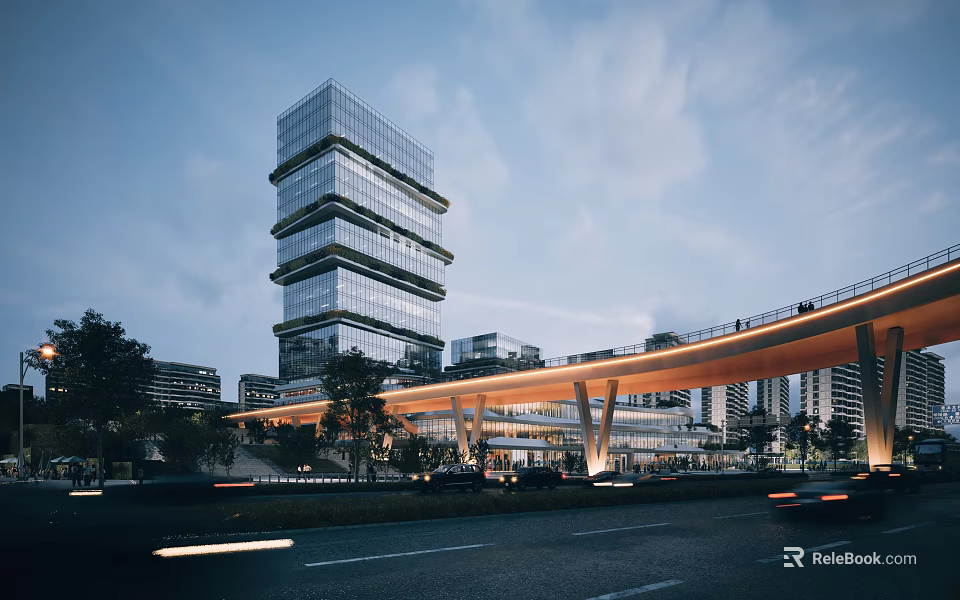 Modern Multi Storey Office Building With Glass Curtain Wall And Skybridge In Evening Sky 3d model 