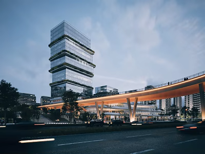 Modern Multi Storey Office Building With Glass Curtain Wall And Skybridge In Evening Sky 3d model
