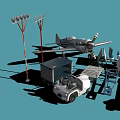 3D Models of Airport Ground Equipment Featuring Airplane Towing Truck and Baggage Cart