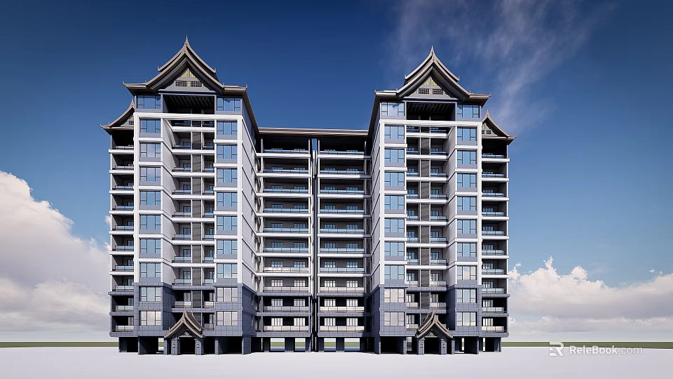 Modern High Rise Residential Building With Traditional Chinese Roof Design And Glass Windows 3d model 