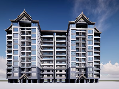 Modern High Rise Residential Building With Traditional Chinese Roof Design And Glass Windows 3d model