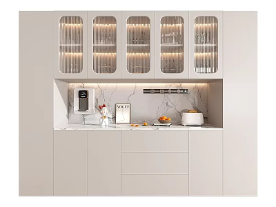 Light Colored Modern Kitchen Cabinets With Glass Doors Lighting And Marble Countertop 3d model