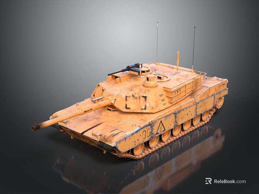 Rustic Yellow Tank With Turret Cannon Antennas And Tracks On Dark Reflective Background 3d model 