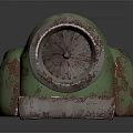 Vintage Green Household Item With Rusty Appearance And Front Fan Design