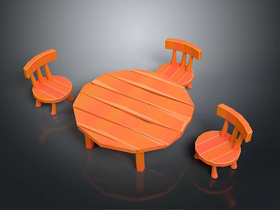 Orange Wooden Round Dining Table And Three Chairs Furniture Set 3d model