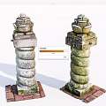 Vintage Stone Pillars With Spiral Design Decorative Tops And Red Brick Bases