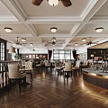 Elegant Restaurant Interior with Ceiling Lights Fans Bar Counter Wine Racks Dining Tables Herringbone Floor