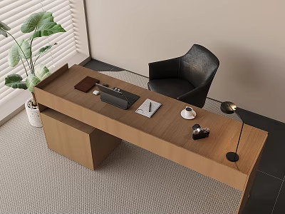 Modern Wooden Desk With Black Leather Chair Notebook Coffee Cup Table Lamp And Green Plant 3d model